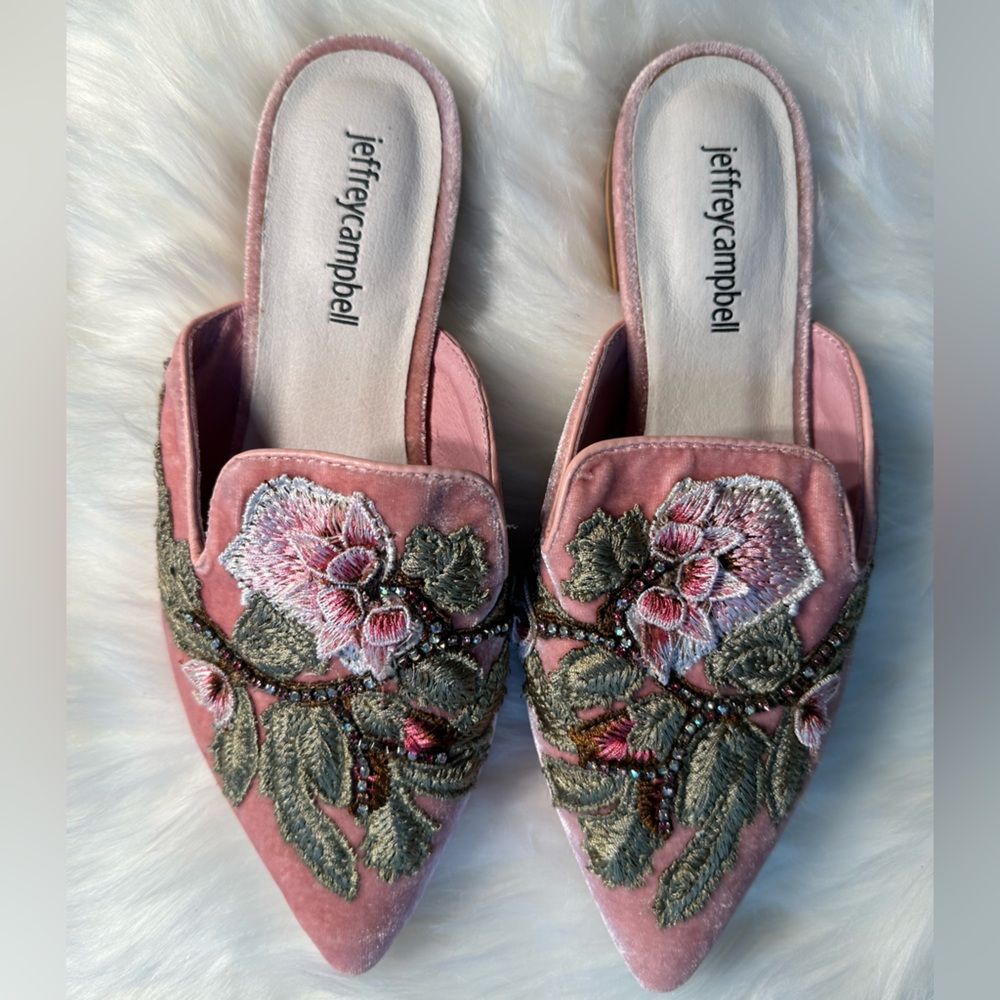 Jeffrey Campbell Velvet Pink Embroidered Women's Pointed Toe Mules Flats